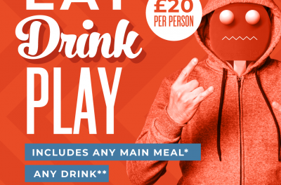 Eat Drink Play - £20 per person Includes any meal (excludes specials) Any drink(excludes doubles, shooters cocktails and any drink over a pint in ml) 1 hour of gaming for your group (between 4 - 14 people)